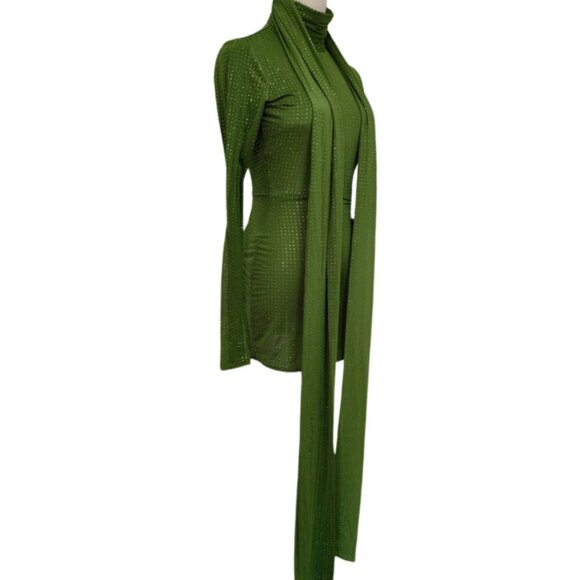 Alex Perry Fern Green Crystal Embellished Long-Sleeve Scarf-Neck Mini Dress - Picture 9 of 9